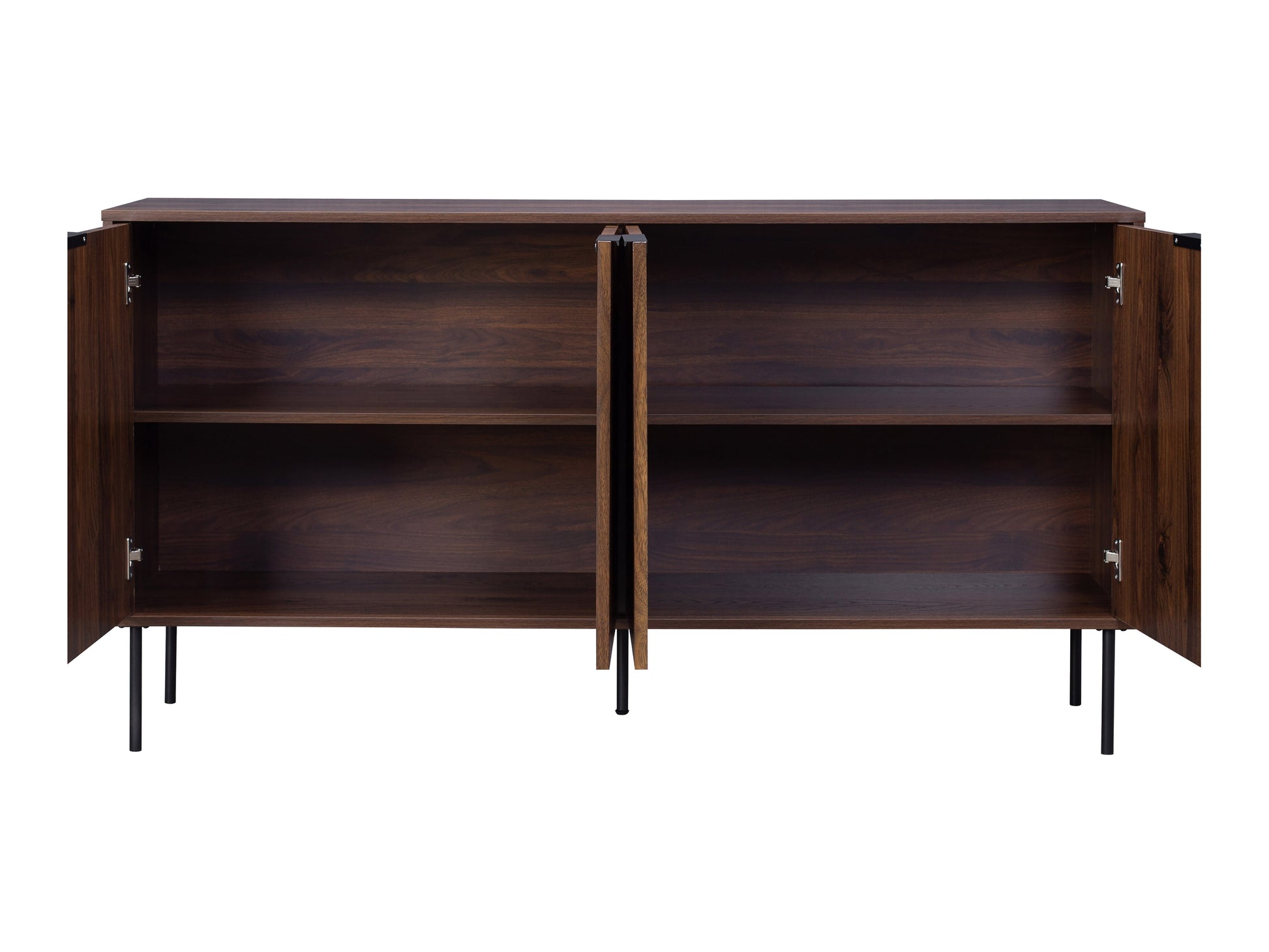 Fluted walnut sideboard cabinet with sleek, horizontal grooves, rich walnut finish, and minimalist metal legs. Elegant storage solution featuring spacious interior shelves and a modern design.