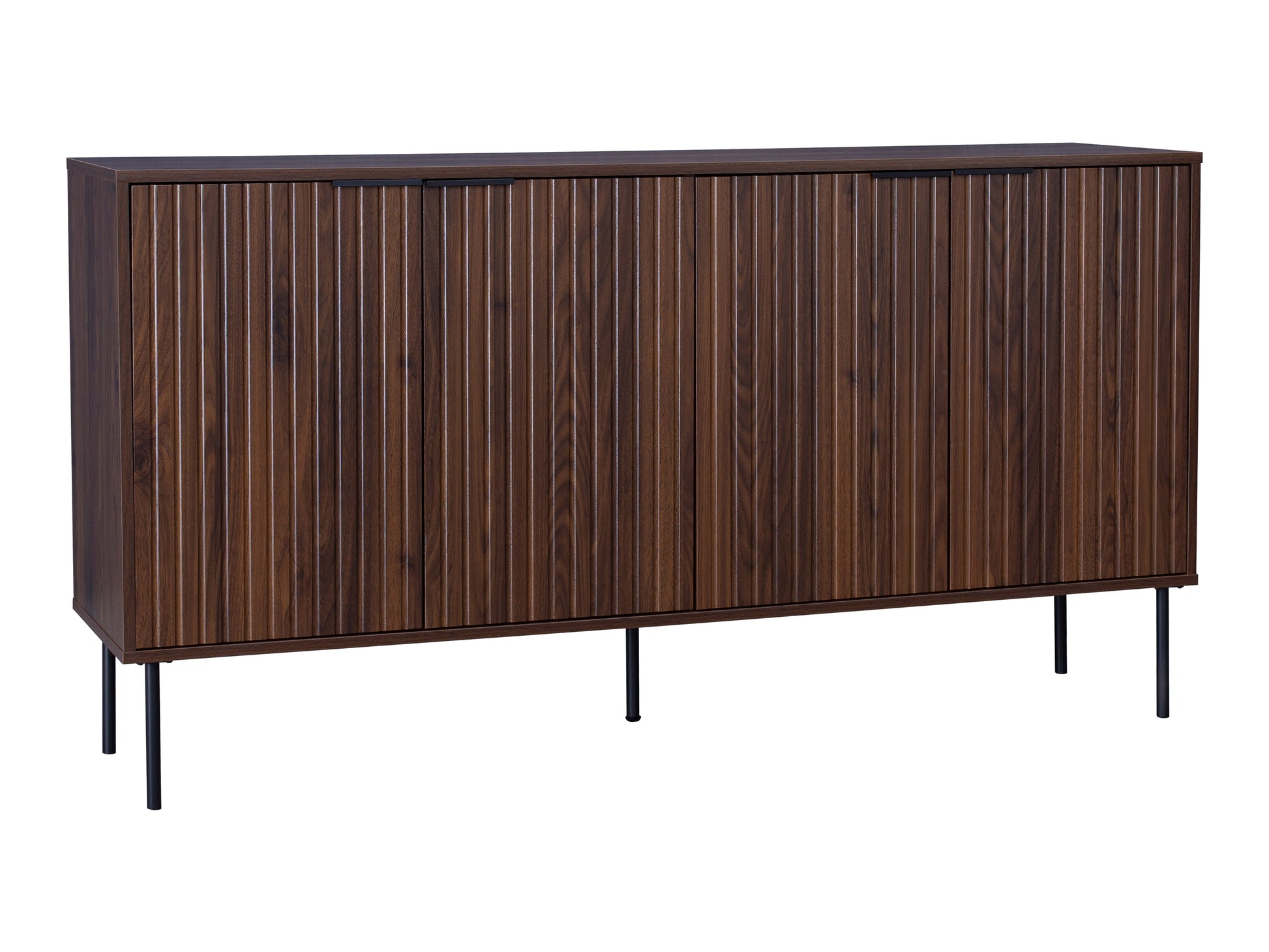 Fluted walnut sideboard cabinet with three doors, featuring vertical grooves, sleek black metal legs, and a smooth walnut finish.