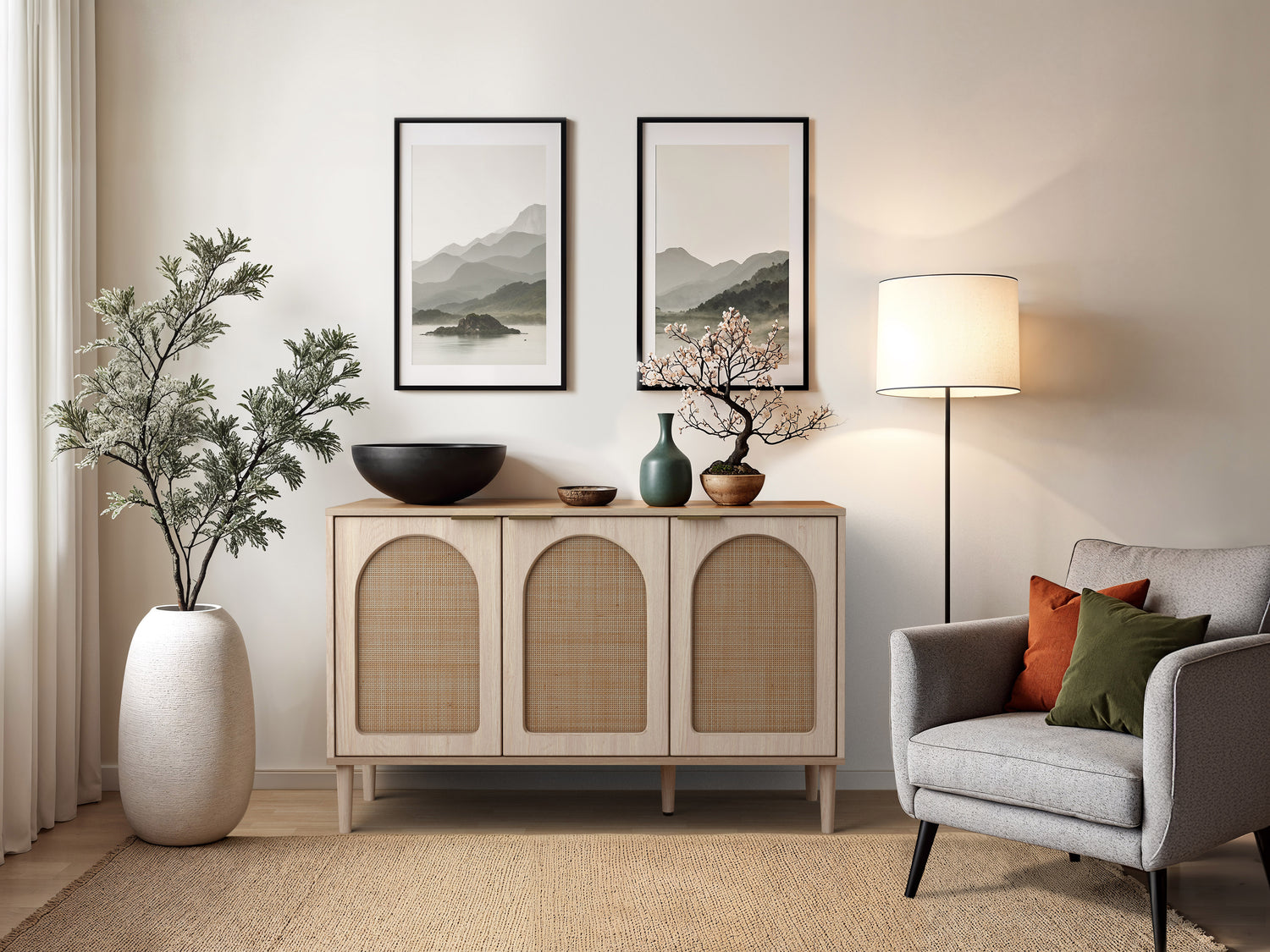 Rattan sideboard cabinet with natural wood finish, featuring woven rattan doors, sleek black metal legs, and spacious storage compartments. Ideal for modern or bohemian interiors.