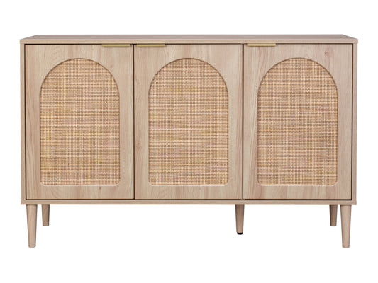 Rattan sideboard cabinet with natural woven rattan doors, dark wooden frame, and sleek metal handles, featuring ample storage space and a modern design.