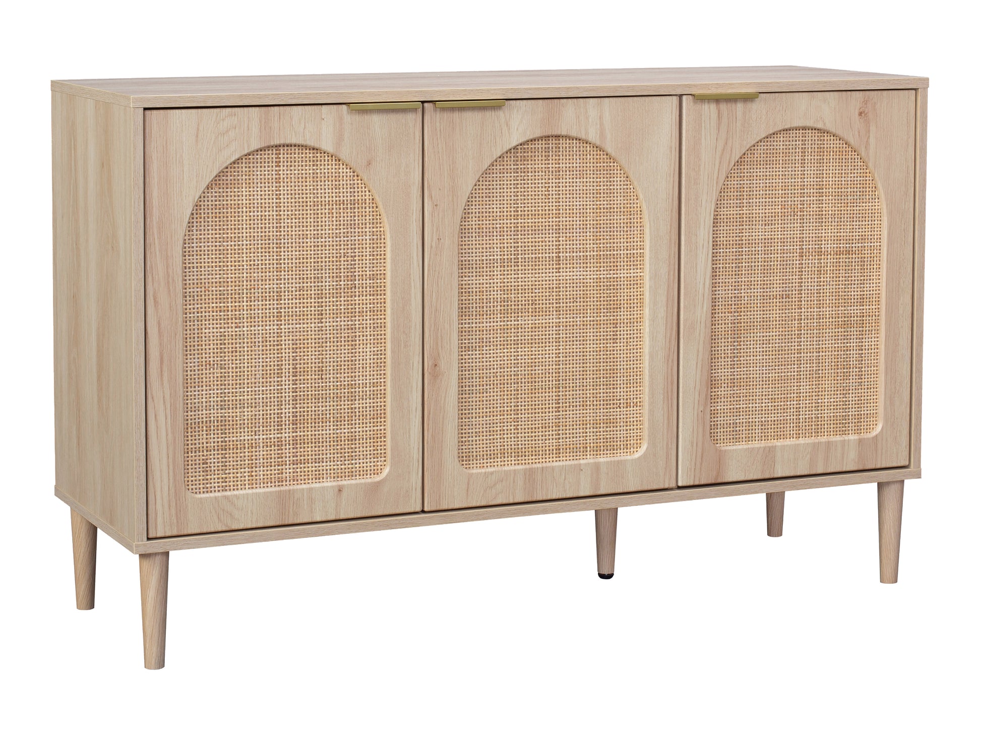 Rattan sideboard cabinet with natural rattan doors, black wooden frame, and sleek metal legs, featuring a minimalist design and ample storage space, perfect for modern living rooms or dining areas.