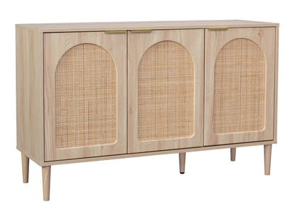 Rattan sideboard cabinet with natural rattan doors, black wooden frame, and sleek metal legs, featuring a minimalist design and ample storage space, perfect for modern living rooms or dining areas.