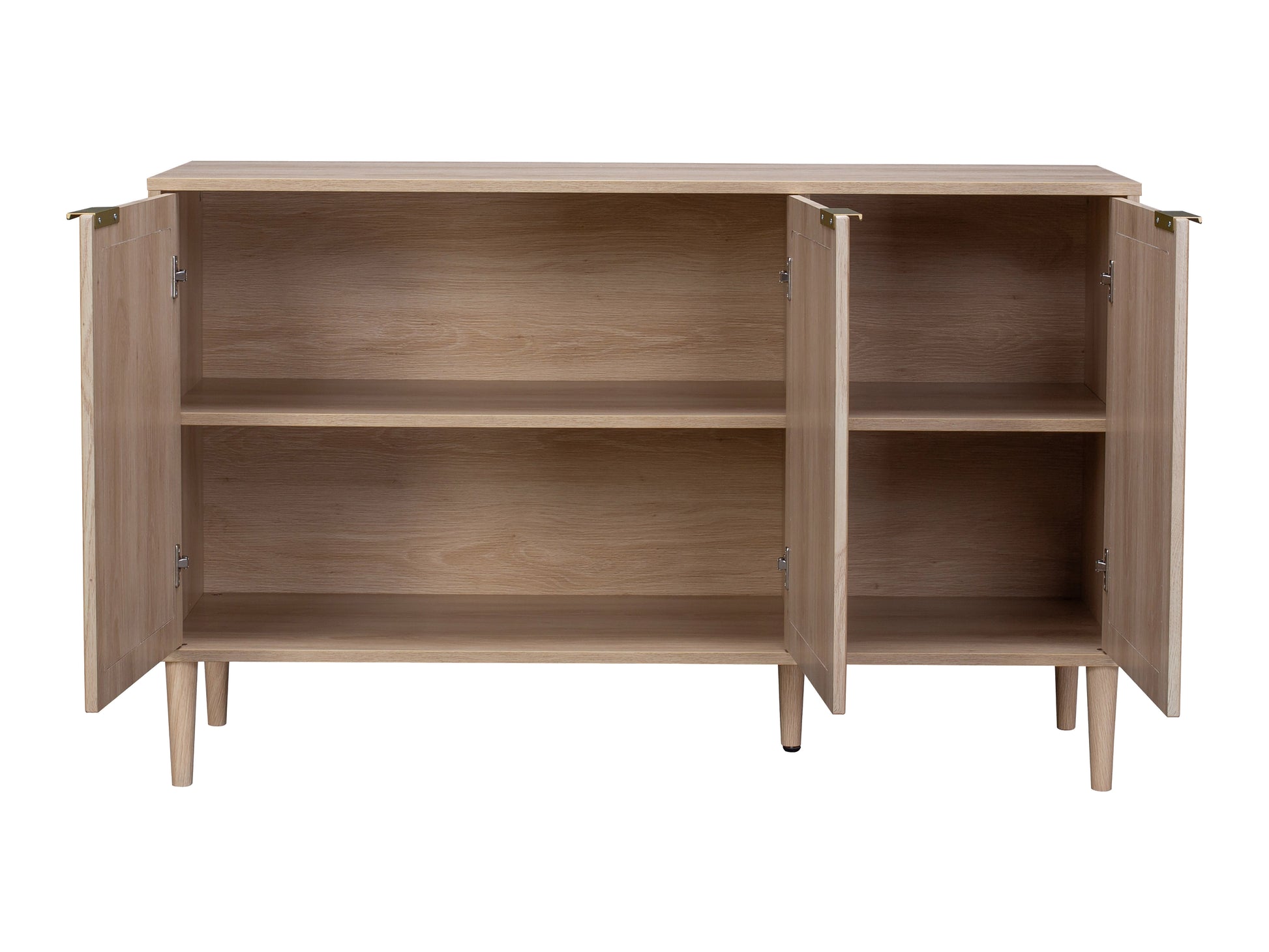 Rattan sideboard cabinet with natural woven rattan doors, solid wood frame, and metal legs. Features a light brown finish, two spacious cabinets, and a sleek, modern design. Ideal for living room storage.