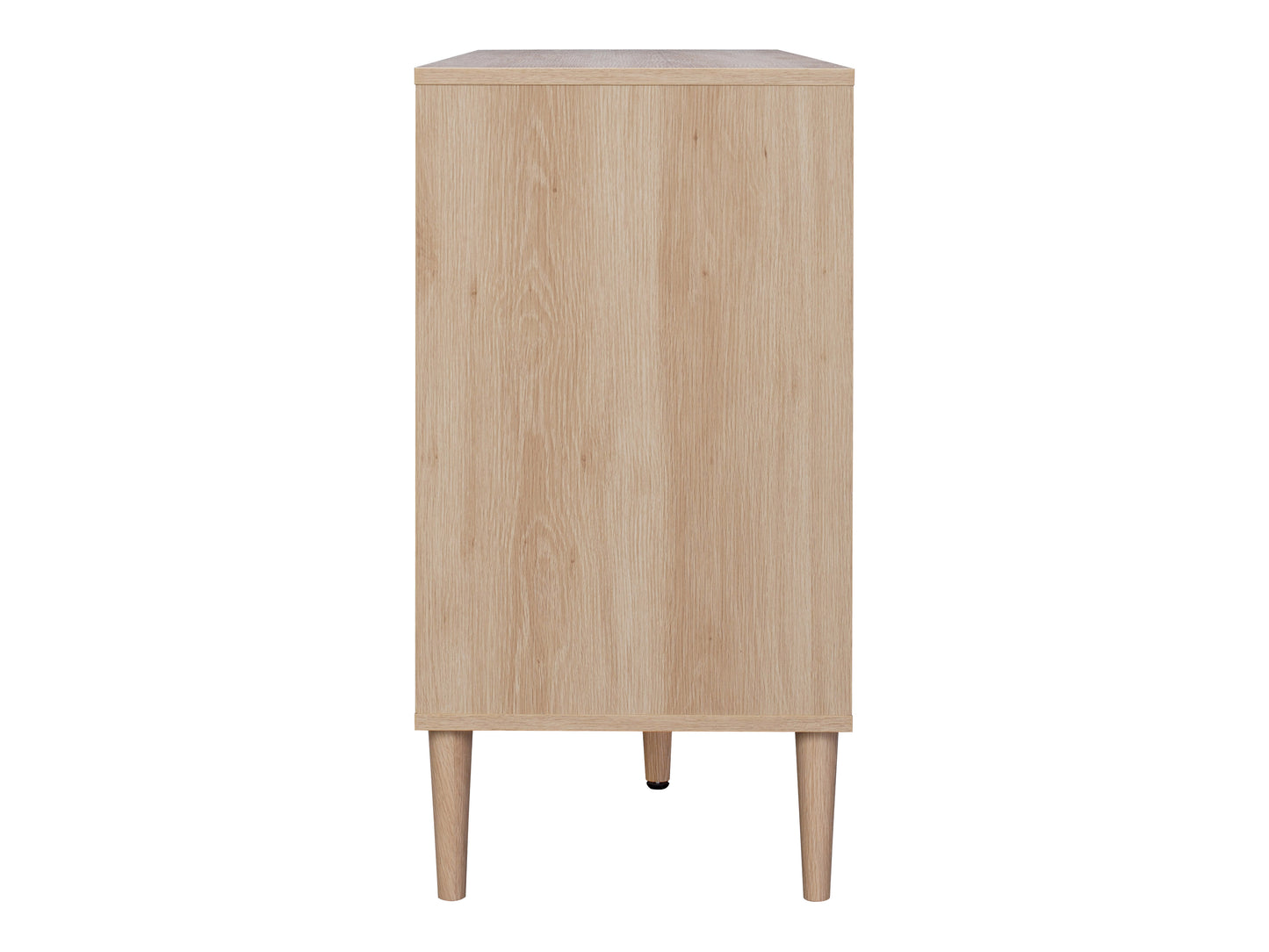 Rattan sideboard cabinet with natural woven rattan doors, light wood frame, and black metal legs. Features two spacious compartments with shelves and a sleek modern design. Ideal for stylish storage solutions.