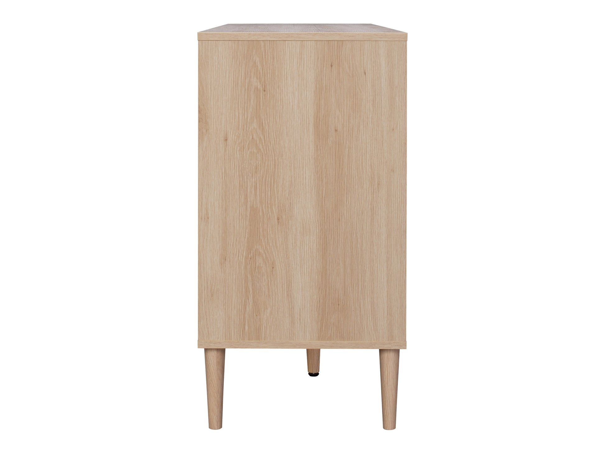 Rattan sideboard cabinet with natural woven rattan doors, light wood frame, and black metal legs. Features two spacious compartments with shelves and a sleek modern design. Ideal for stylish storage solutions.