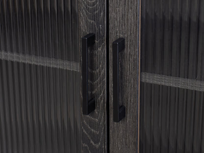 Fluted glass sideboard with black metal frame, featuring ribbed glass doors, sleek handles, and a modern design.