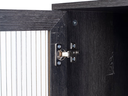 Fluted glass sideboard with black metal frame, wooden top, and textured glass doors.