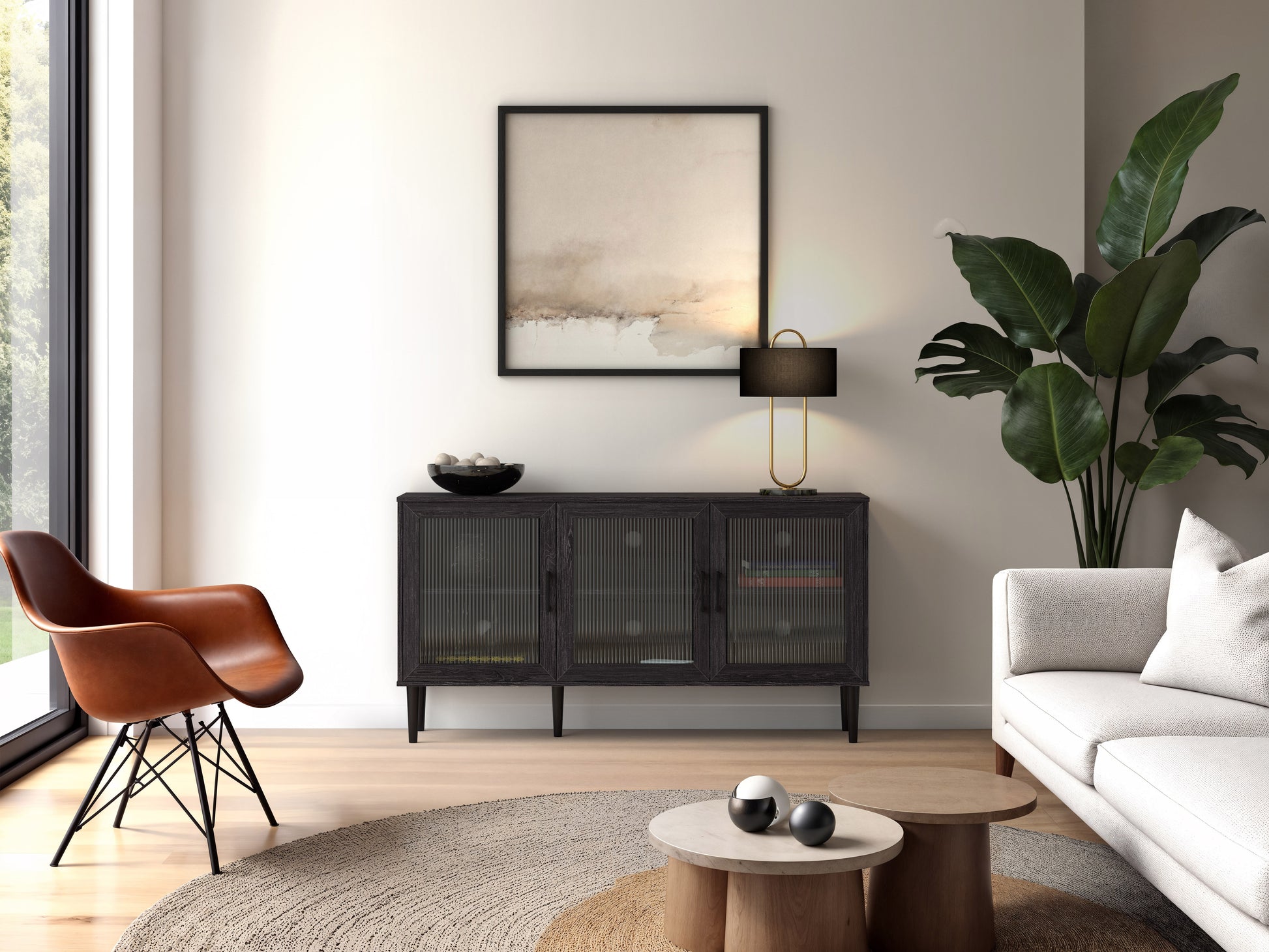 Fluted glass sideboard with dark wood frame, gold metal accents, and sleek minimalist design. Features fluted glass doors, ample storage space, and elegant modern aesthetic.