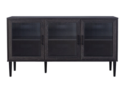 Fluted glass sideboard with sleek black metal frame, featuring double doors with vertical glass panels, minimalist handles, and a smooth black top surface. Ideal for modern living or dining rooms.