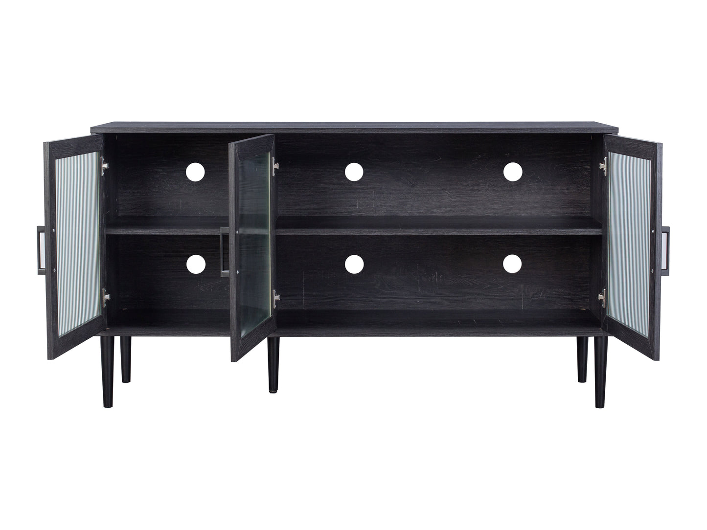 Fluted glass sideboard with black metal frame, featuring three transparent glass doors, textured glass panels, and a sleek, minimalist design.