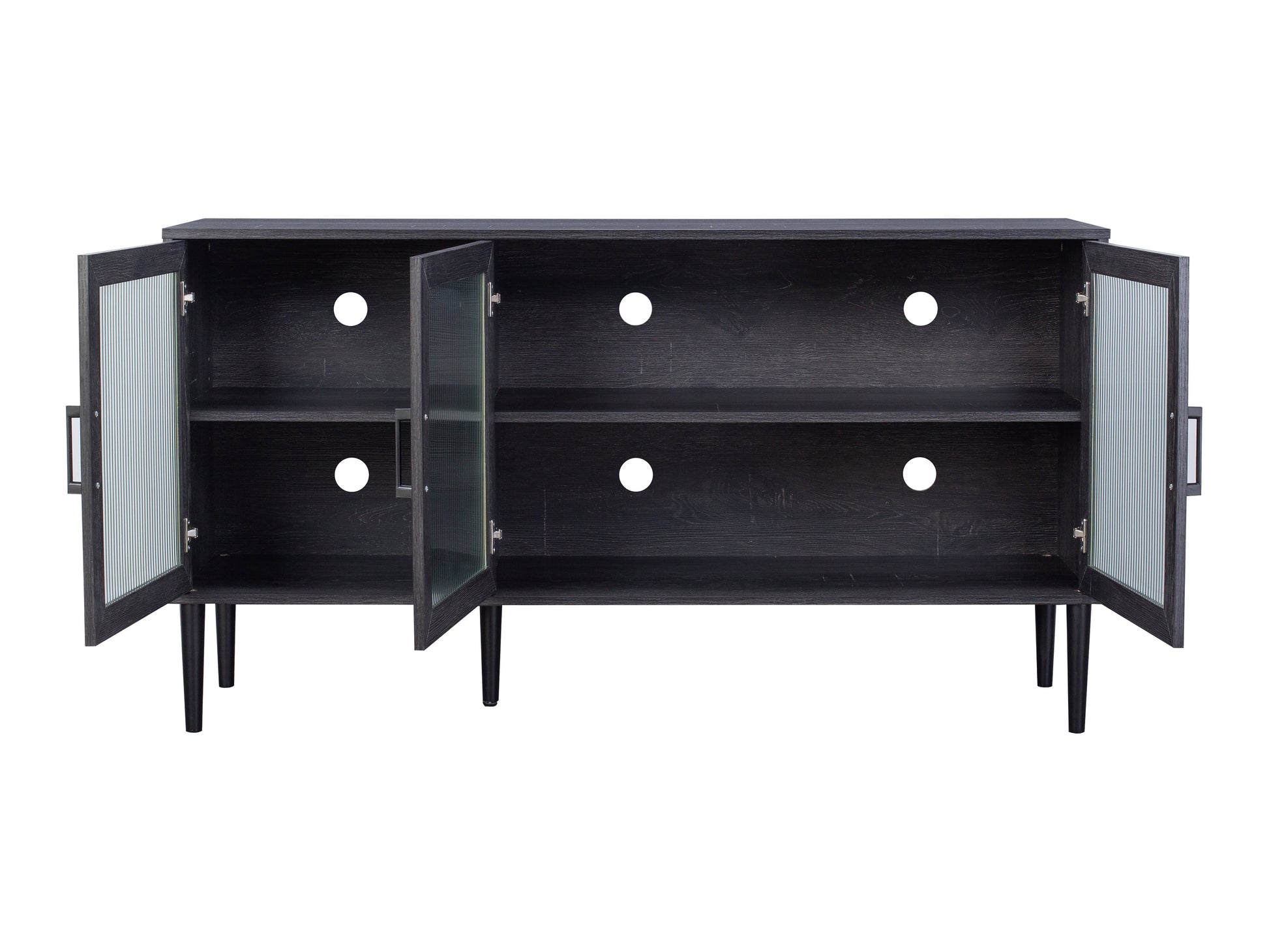 Fluted glass sideboard with black metal frame, featuring three transparent glass doors, textured glass panels, and a sleek, minimalist design.