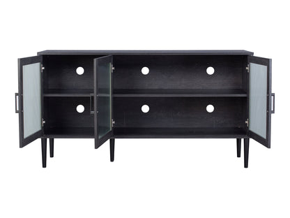 Fluted glass sideboard with black metal frame, featuring three transparent glass doors, textured glass panels, and a sleek, minimalist design.