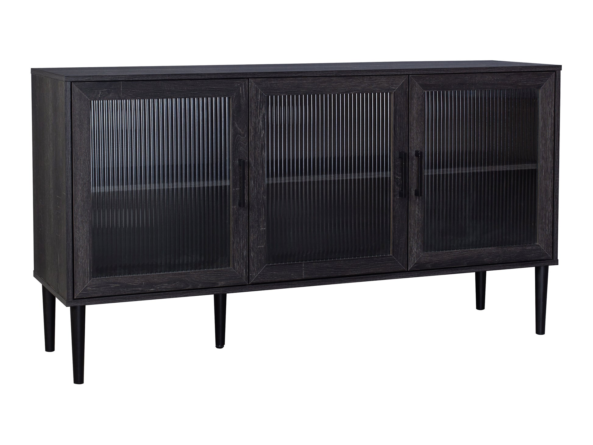 Fluted glass sideboard with sleek black frame, featuring textured glass panels and gold accents, providing a modern and elegant storage solution for living or dining spaces.