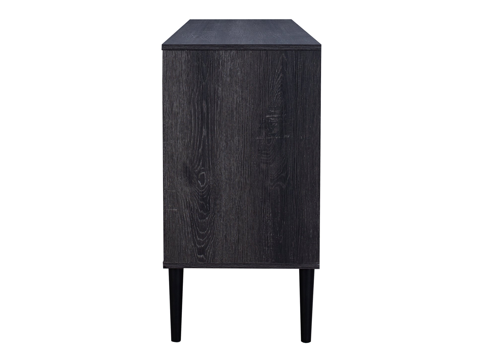 Fluted glass sideboard with black metal frame, featuring sleek lines and a modern design. The glass panels are textured with vertical fluting, and the sideboard includes spacious storage compartments.