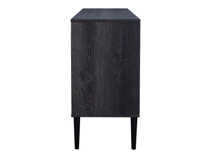 Fluted glass sideboard with black metal frame, featuring sleek lines and a modern design. The glass panels are textured with vertical fluting, and the sideboard includes spacious storage compartments.