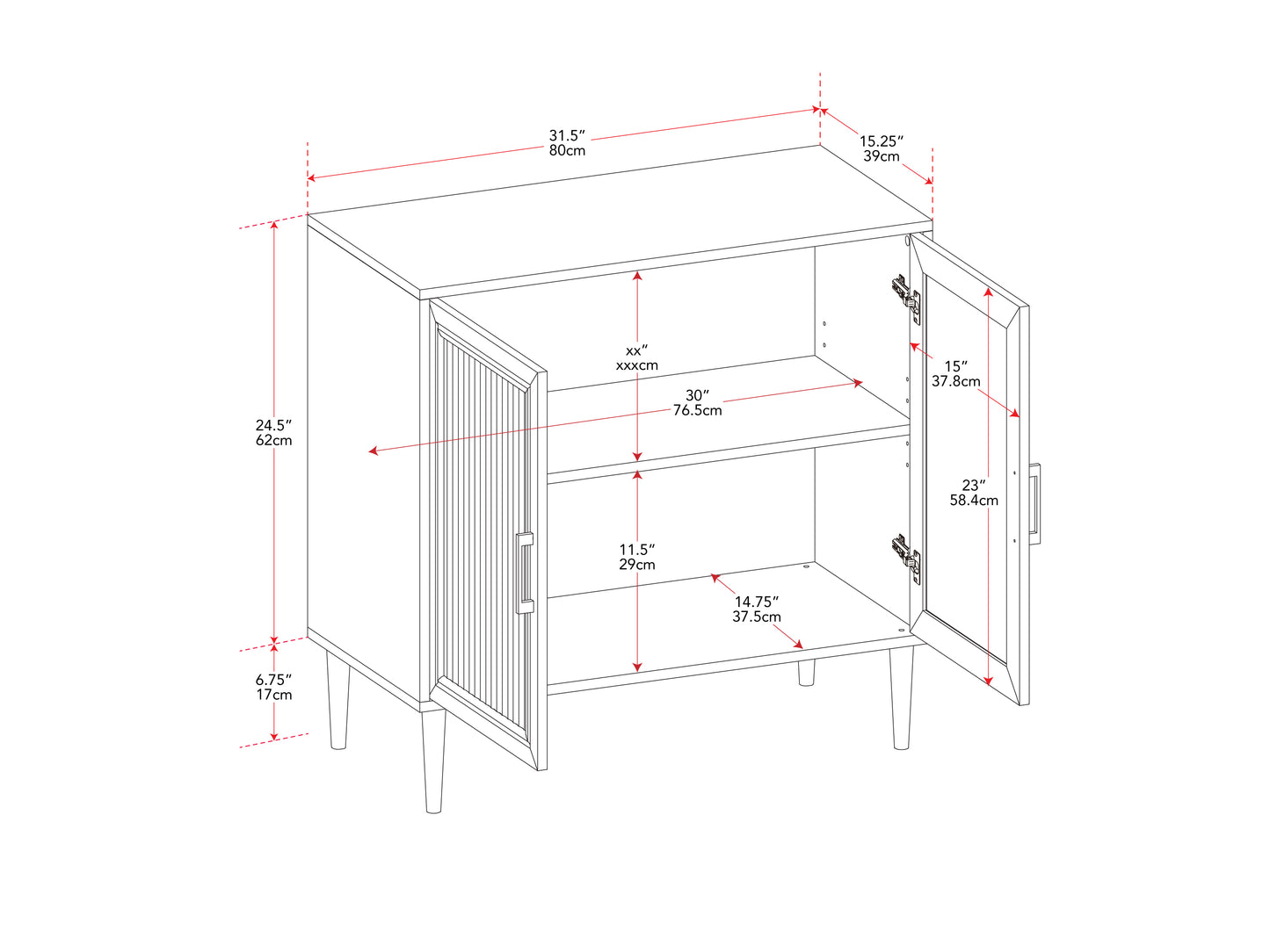 Fluted glass buffet cabinet with dark wood frame, two glass doors, and brass handles. Elegant dining storage with textured glass panels and sleek modern design. Ideal for contemporary dining spaces.