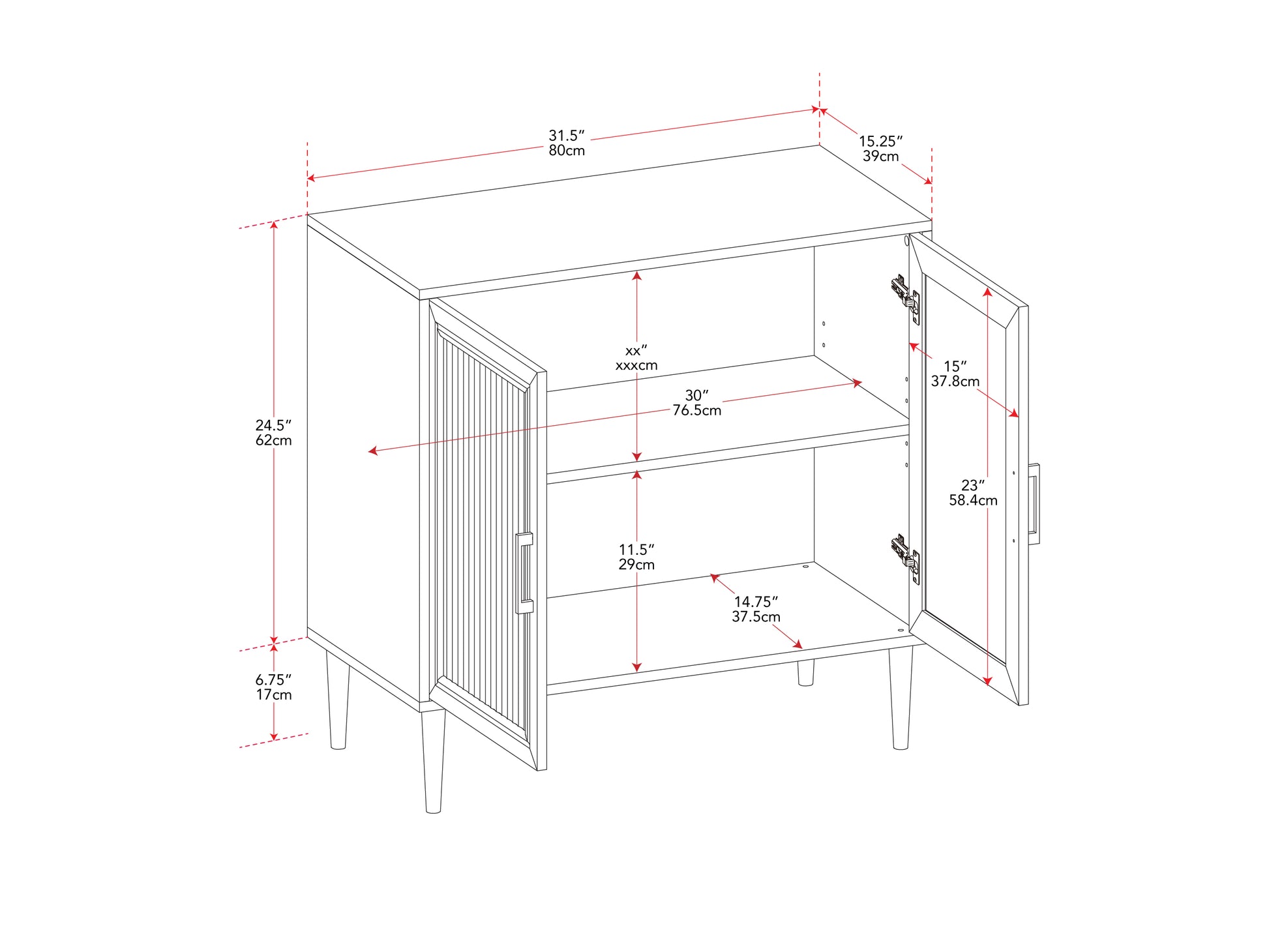 Fluted glass buffet cabinet with dark wood frame, two glass doors, and brass handles. Elegant dining storage with textured glass panels and sleek modern design. Ideal for contemporary dining spaces.