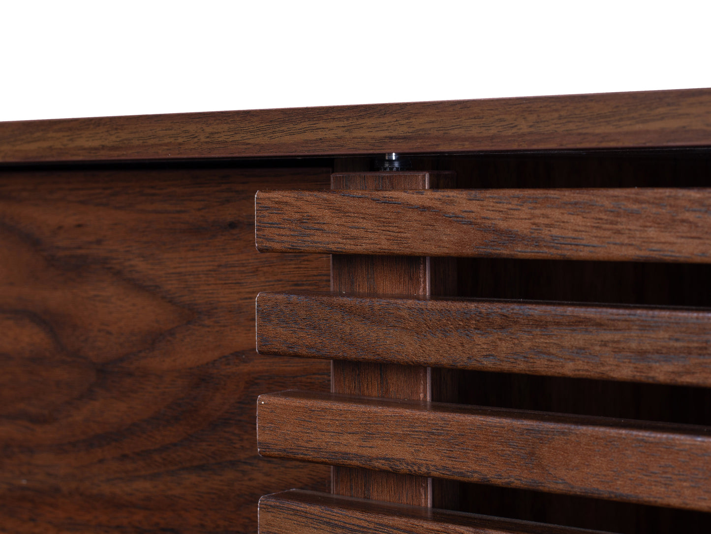 Walnut sideboard console TV stand with a sleek, modern design featuring a rich walnut finish, smooth surfaces, and minimalist metal handles. Ample storage space with closed cabinets and open shelving for media equipment.
