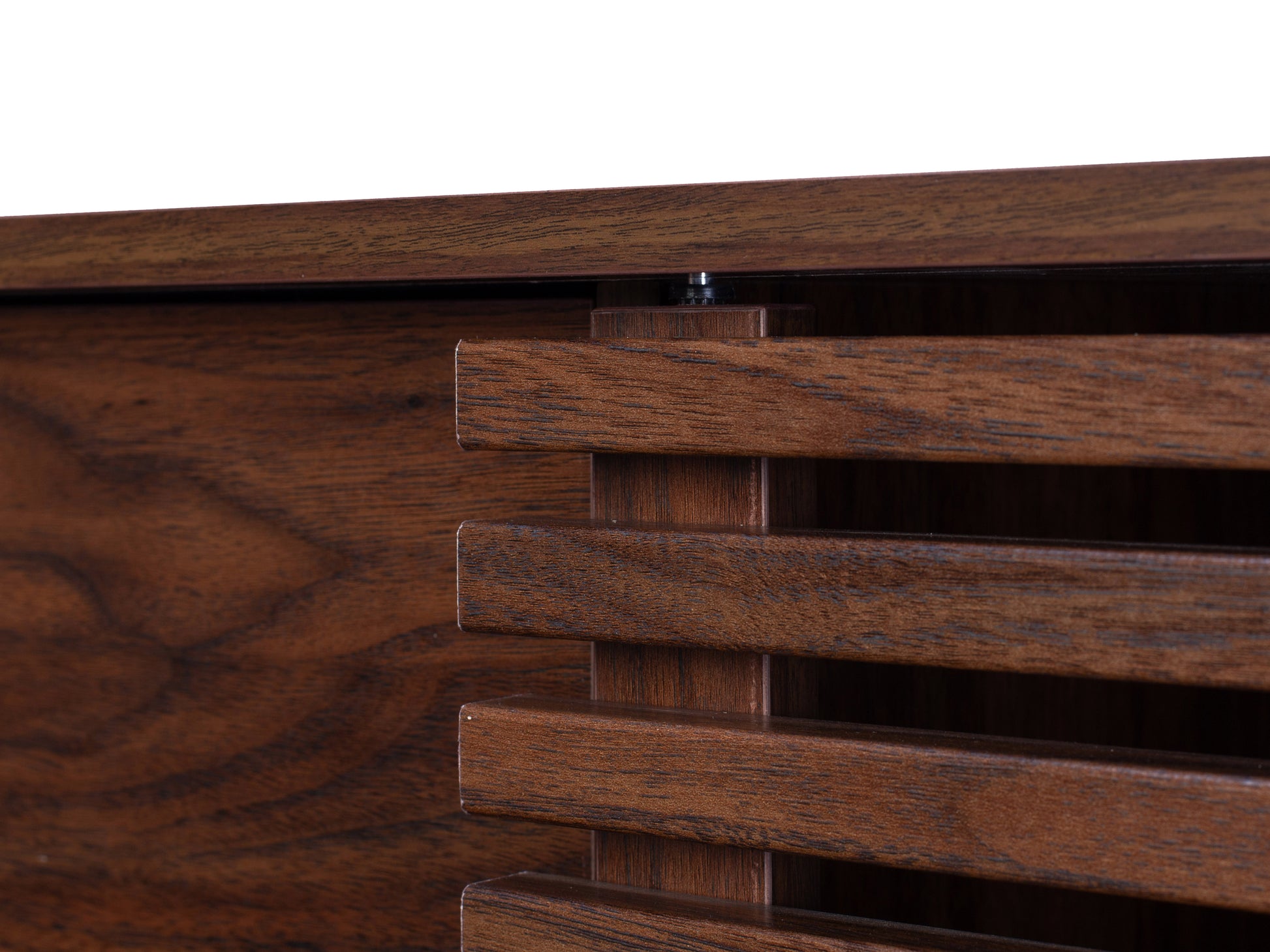 Walnut sideboard console TV stand with a sleek, modern design featuring a rich walnut finish, smooth surfaces, and minimalist metal handles. Ample storage space with closed cabinets and open shelving for media equipment.