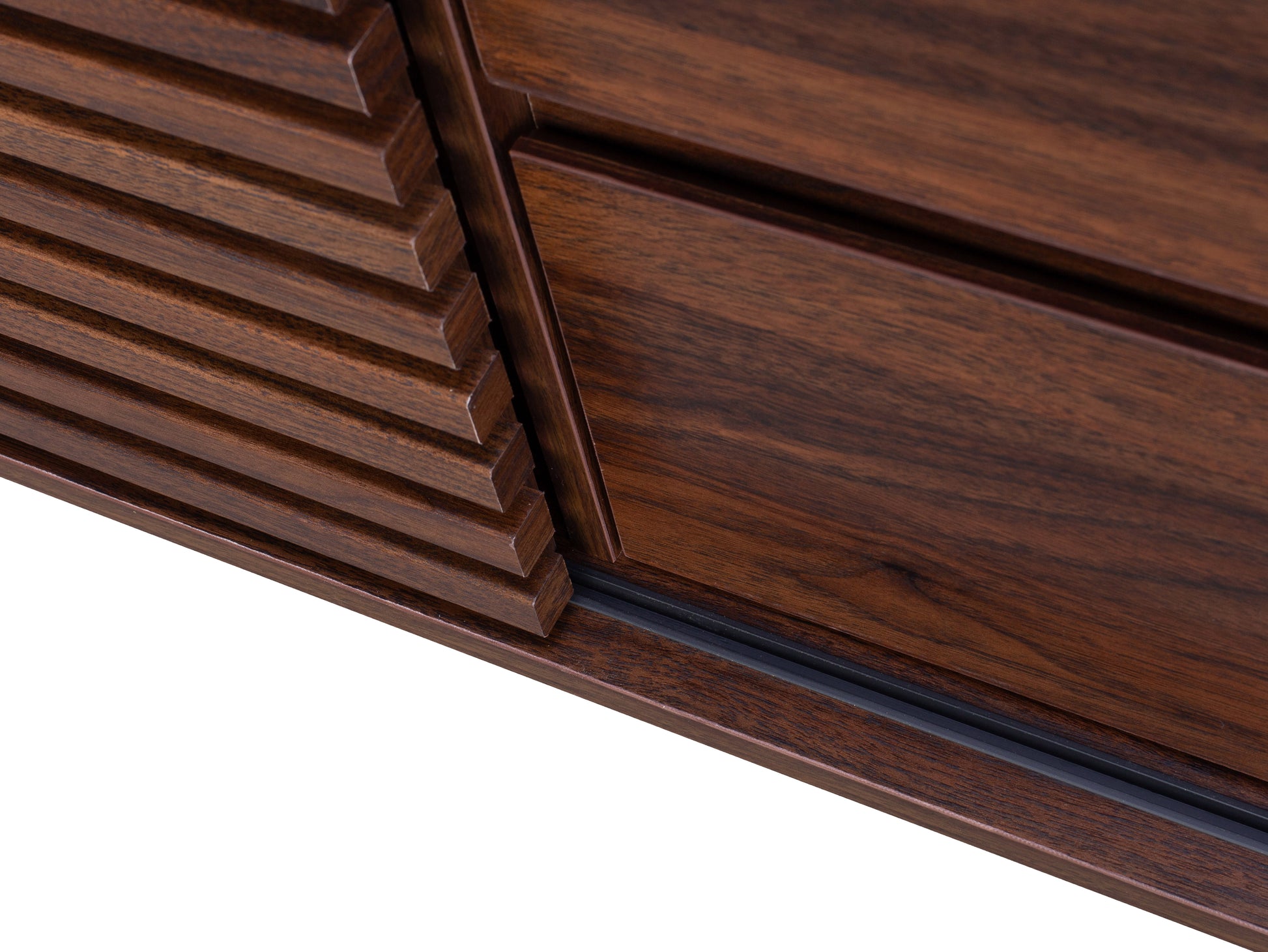 Walnut sideboard console TV stand with sleek lines, featuring rich walnut wood finish, four cabinet doors with vertical grooves, and sturdy metal legs.