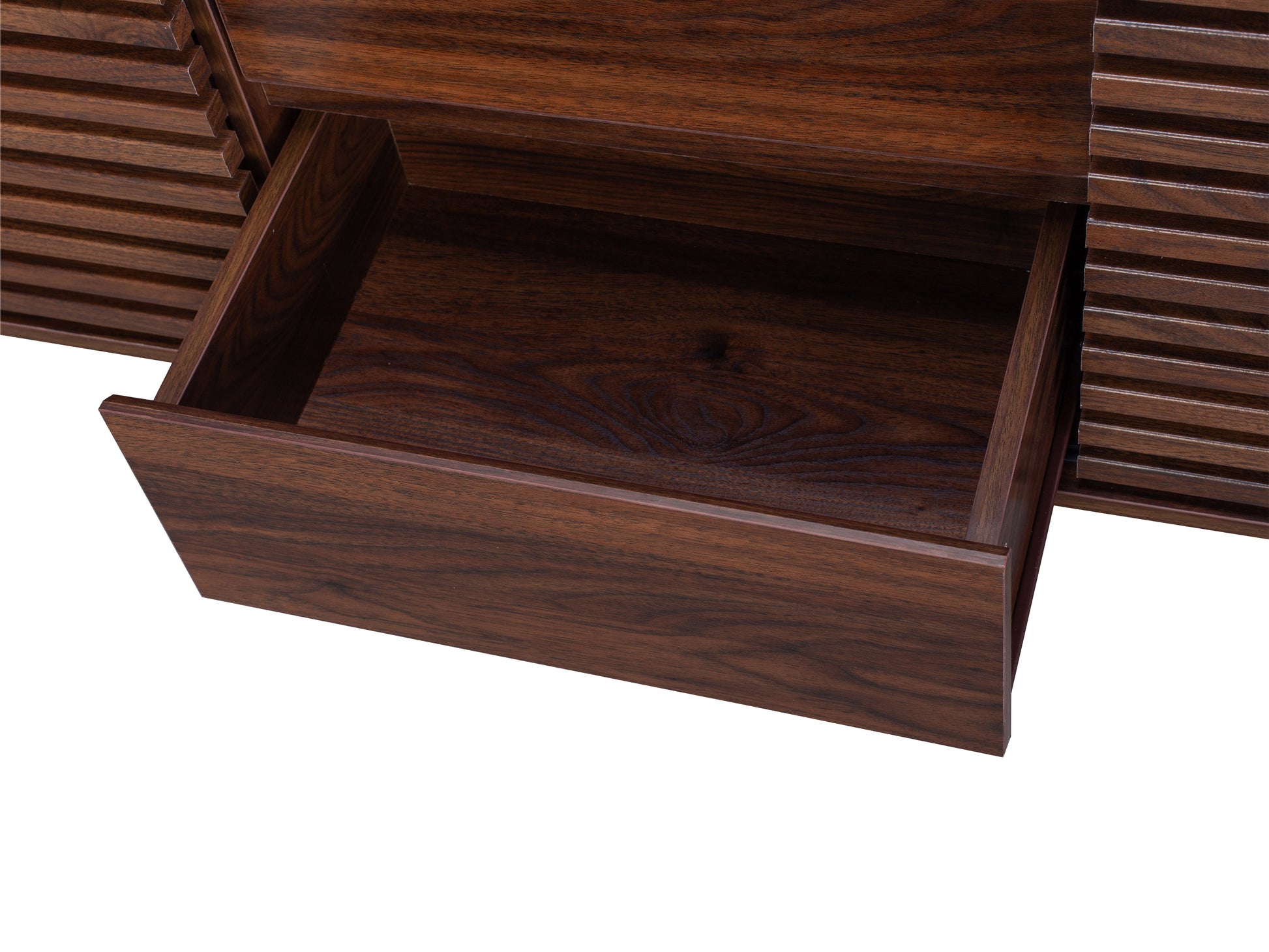 Walnut sideboard console with sleek design, featuring rich walnut finish, smooth surface, and minimalist metal handles. Ideal as a TV stand, offering ample storage with multiple compartments and a modern aesthetic.