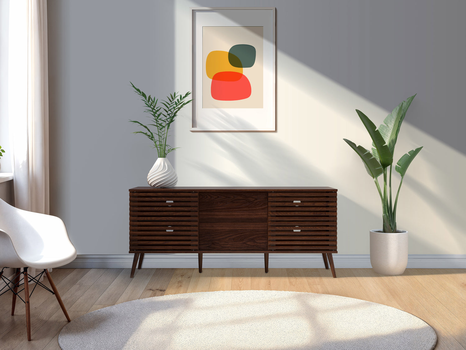 Walnut sideboard console with sleek design, featuring a rich brown finish, three drawers, two cabinets with silver handles, and sturdy legs. Ideal as a TV stand or storage unit in modern living rooms.