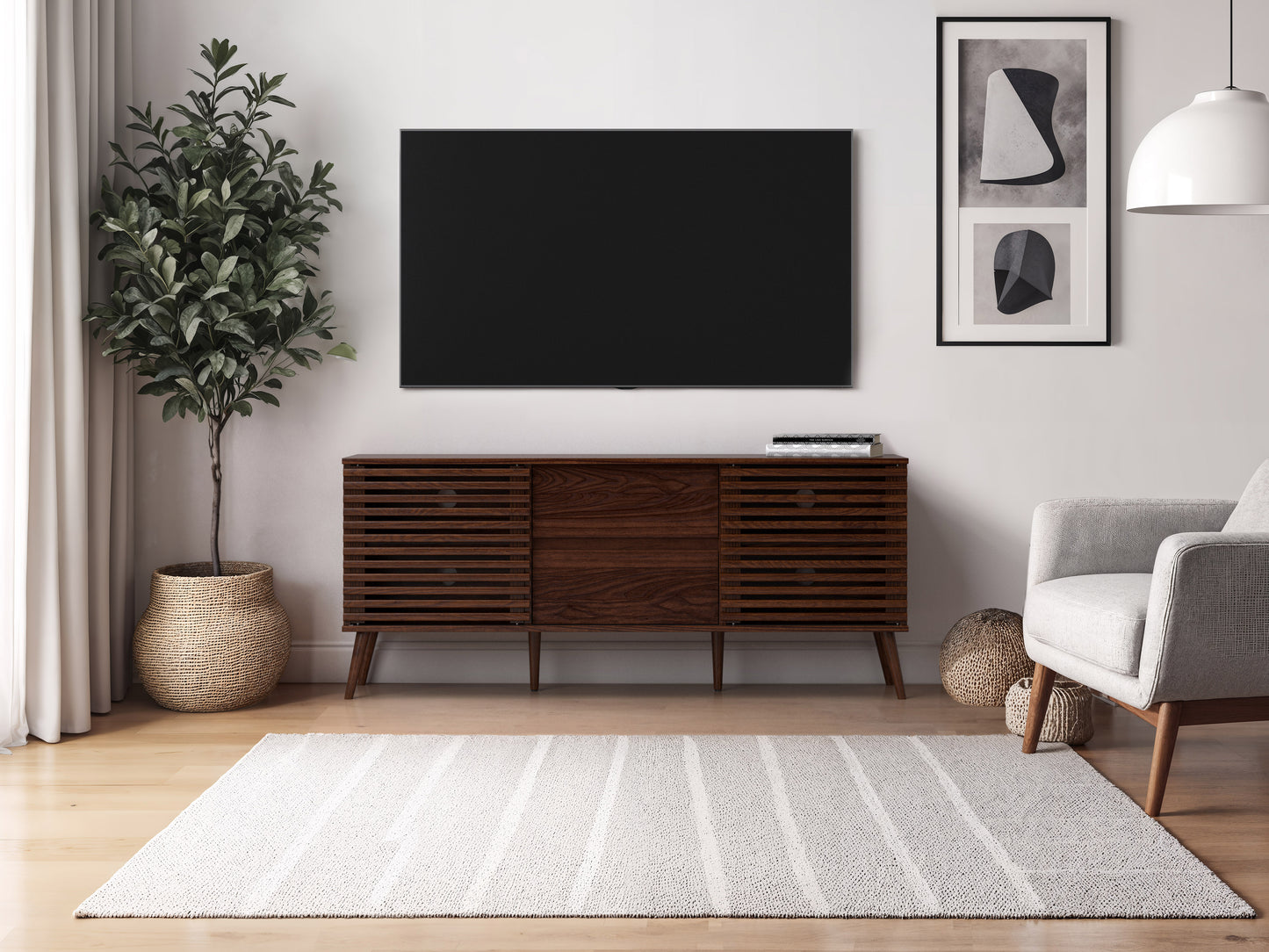 Walnut TV Stand / Media Console with sleek design, featuring a rich brown finish, three drawers, two cabinets with silver handles, and sturdy legs. 