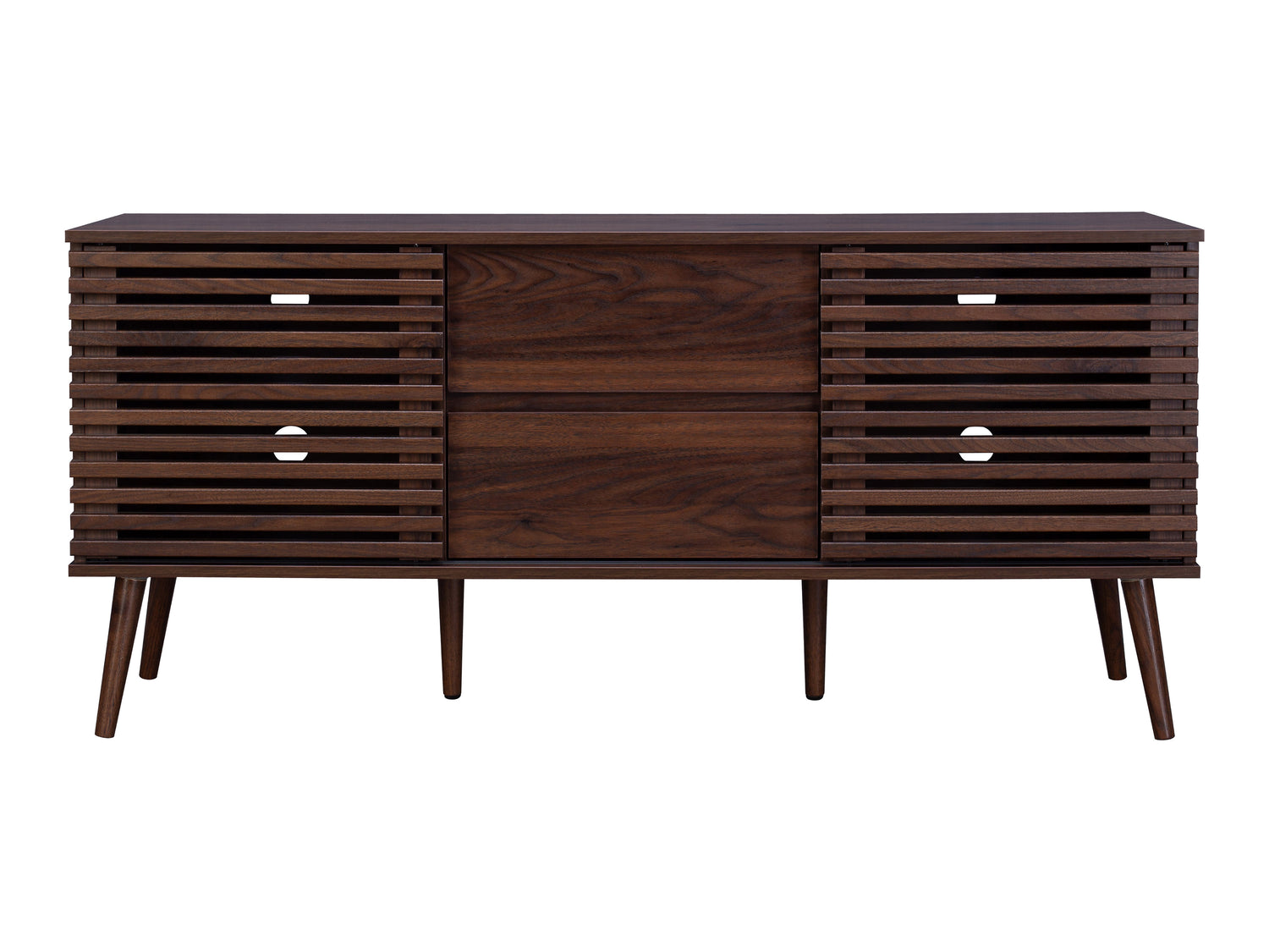 Walnut sideboard console TV stand with mid-century modern design, featuring sleek walnut finish, two sliding doors, open shelving, and tapered legs. Ideal for stylish living room storage and entertainment setups.