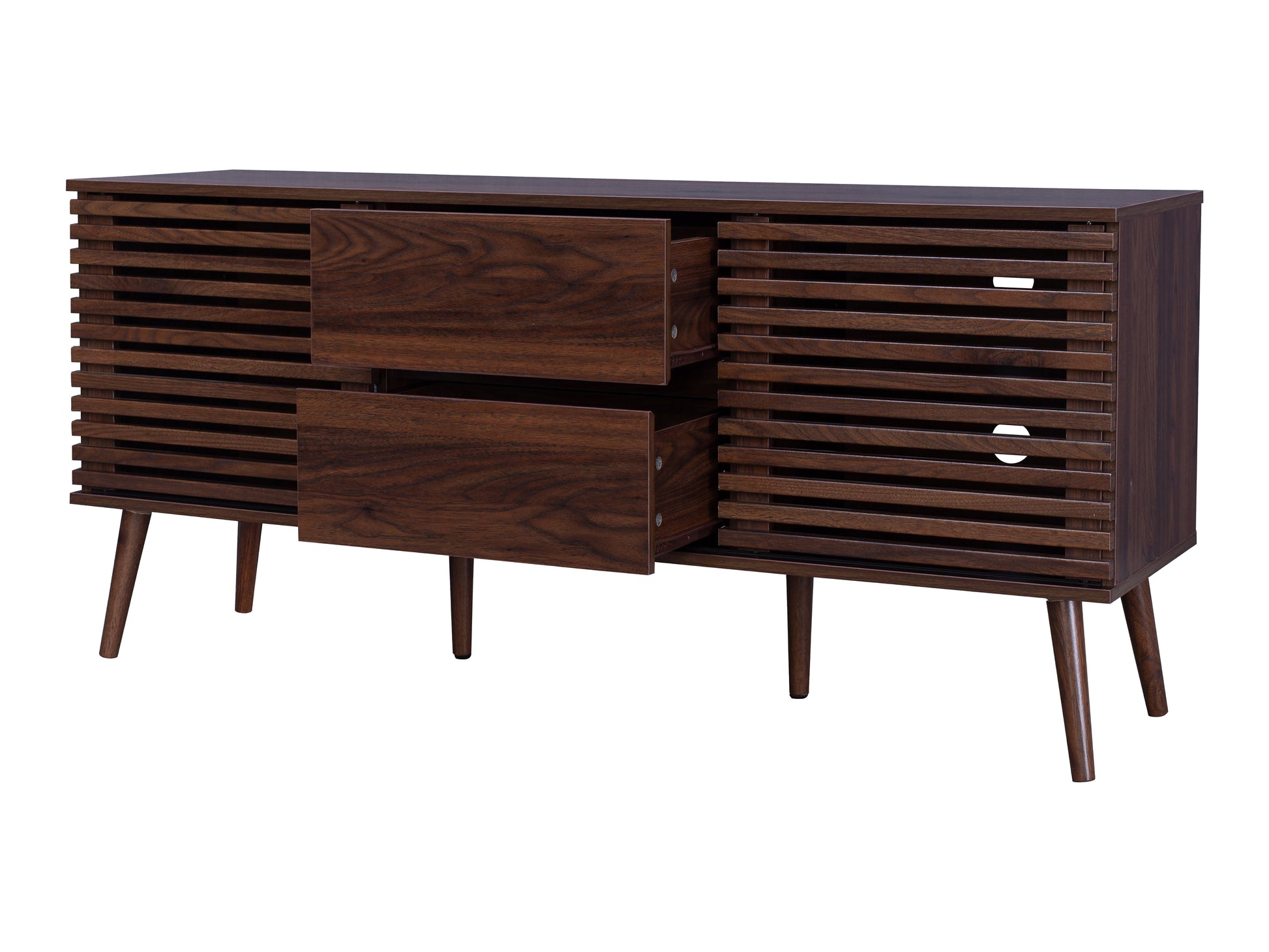 Walnut sideboard console TV stand with sleek design, featuring rich walnut finish, four drawers with black metal handles, and open shelf for media devices.