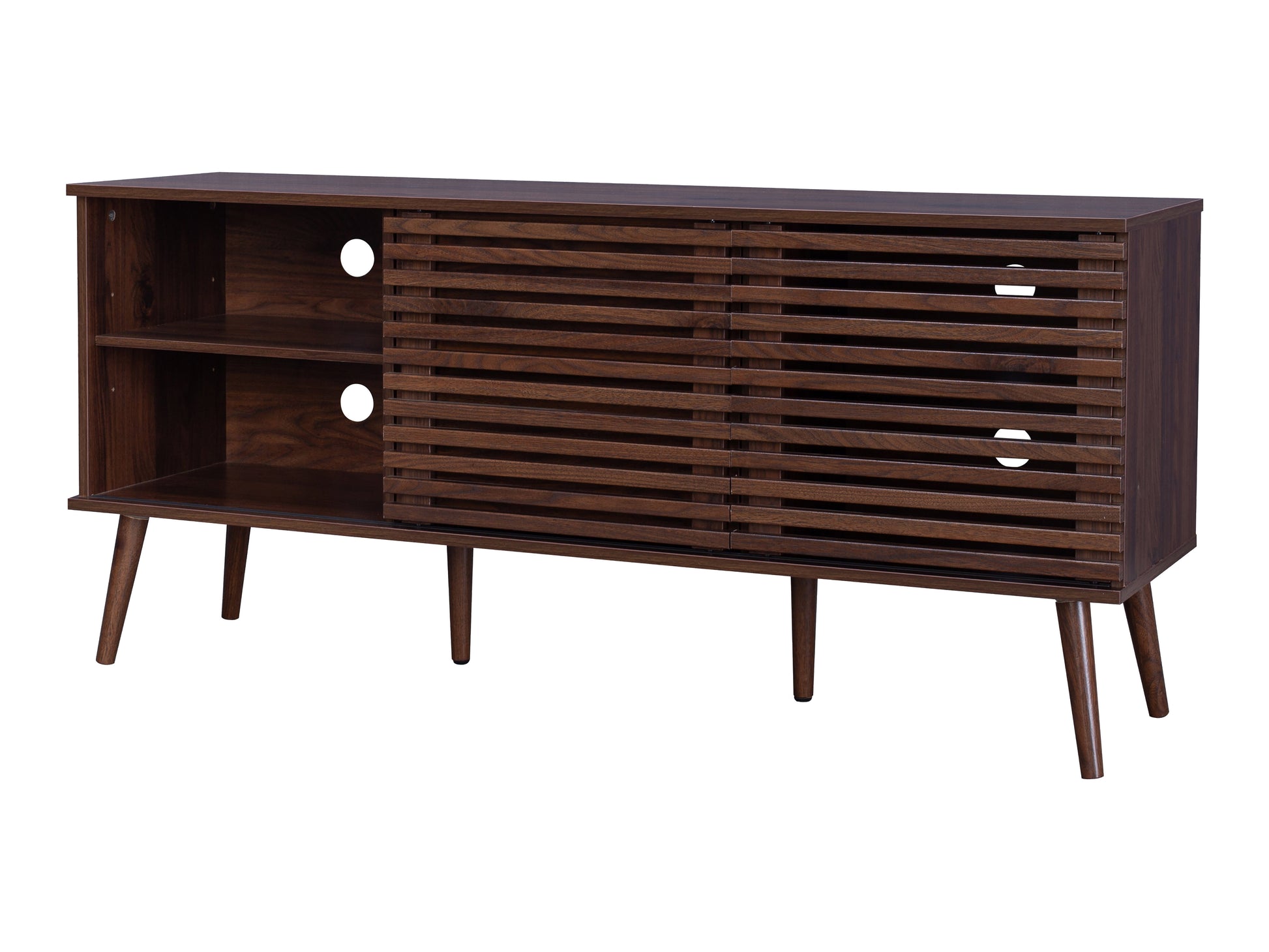 Walnut sideboard console TV stand with sleek design, rich walnut finish, four cabinet doors, and black metal legs, providing ample storage space and modern elegance for living rooms.
