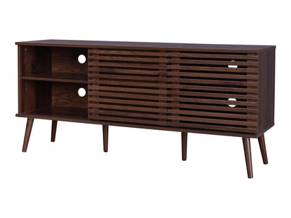 Walnut sideboard console TV stand with sleek design, rich walnut finish, four cabinet doors, and black metal legs, providing ample storage space and modern elegance for living rooms.