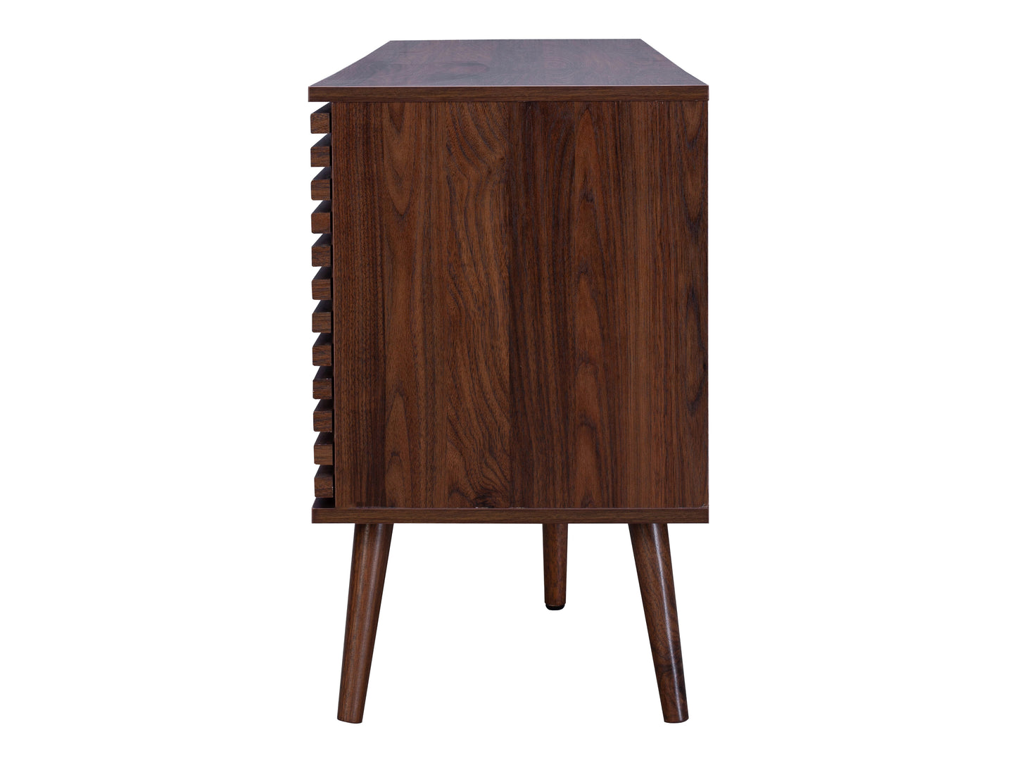 Walnut sideboard TV stand with sleek design, featuring smooth walnut finish, two spacious cabinets, and open shelving for storage; perfect for living room organization and modern decor.