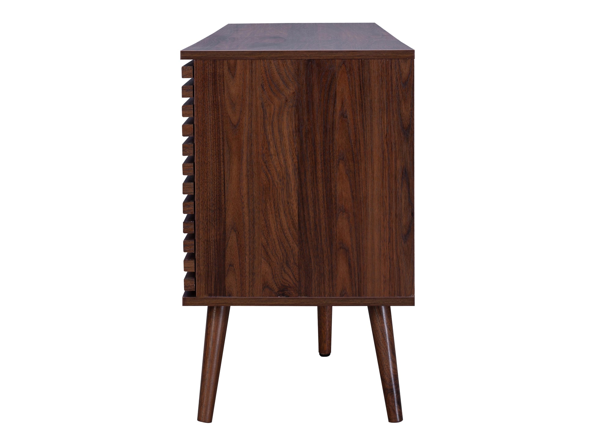 Walnut sideboard TV stand with sleek design, featuring smooth walnut finish, two spacious cabinets, and open shelving for storage; perfect for living room organization and modern decor.