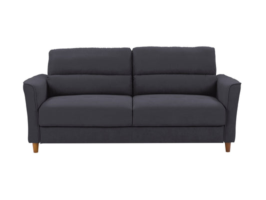 Dark grey 3 seater sofa with tufted cushions, wooden legs, and minimalist design.