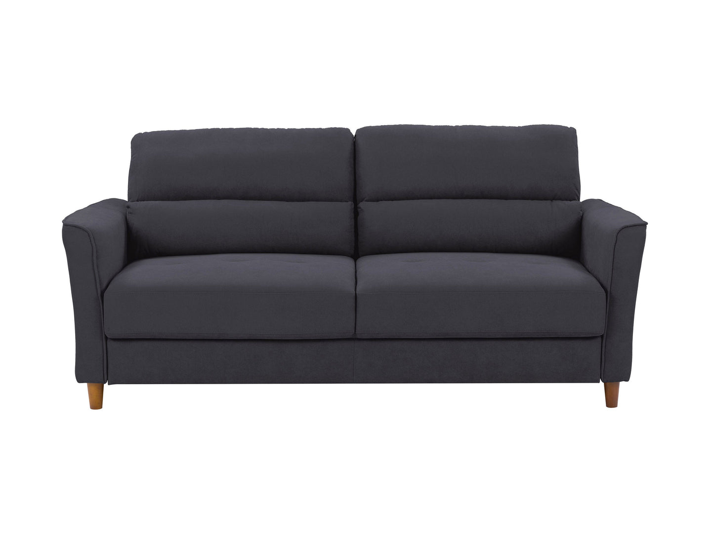 Dark grey 3 seater sofa with tufted cushions, wooden legs, and minimalist design.