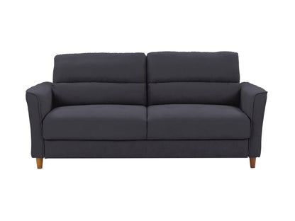 Dark grey 3 seater sofa with tufted cushions, wooden legs, and minimalist design.