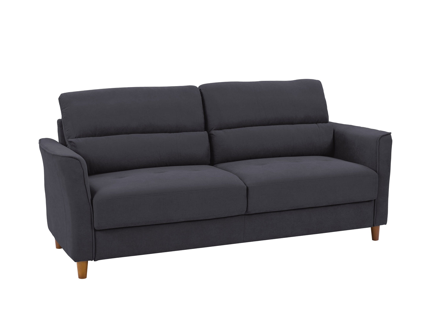 Dark grey 3-seater sofa with tufted cushions, wooden legs, and modern design.