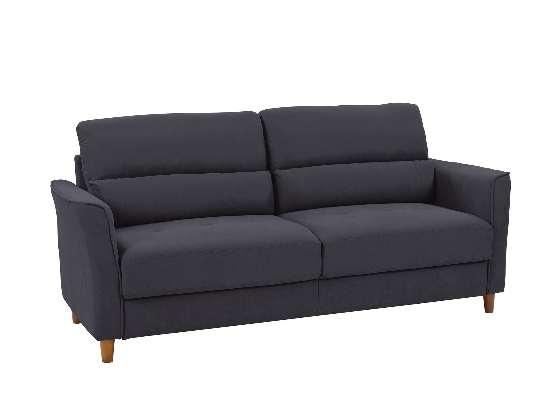 Dark grey 3-seater sofa with tufted cushions, wooden legs, and modern design.