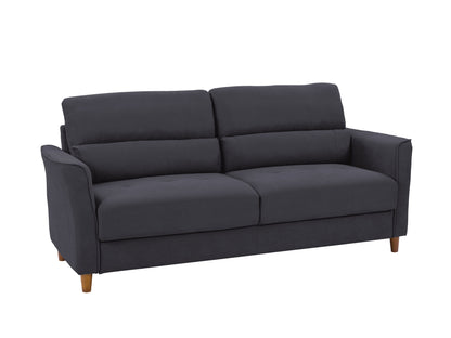 Dark grey 3-seater sofa with tufted cushions, wooden legs, and modern design.