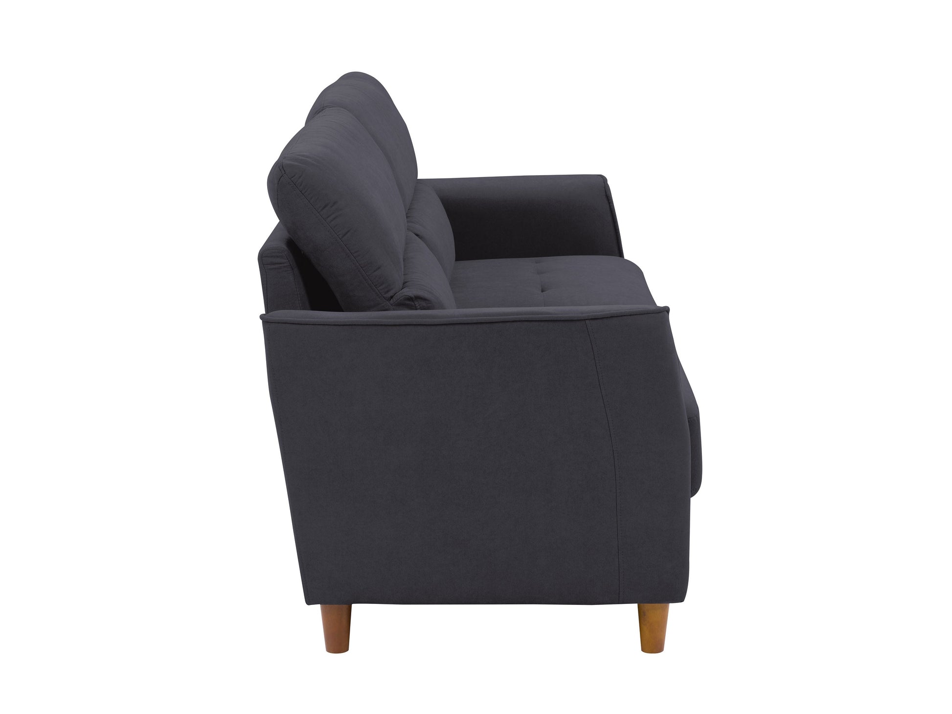 Dark grey 3 seater sofa with tufted cushions and wooden legs, modern minimalist design, comfortable fabric upholstery.