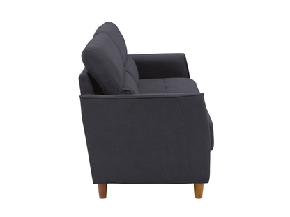 Dark grey 3 seater sofa with tufted cushions and wooden legs, modern minimalist design, comfortable fabric upholstery.