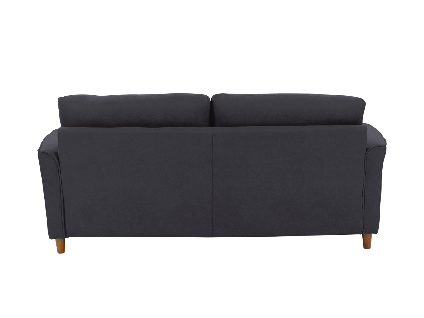 Dark grey 3 seater sofa with tufted cushions, wooden legs, and modern design.