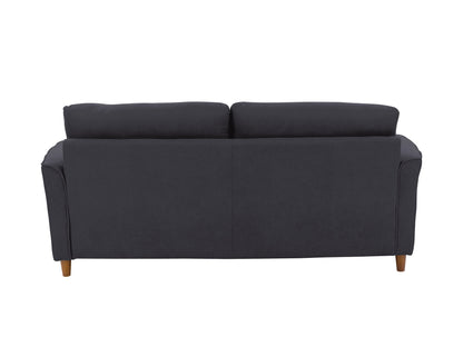 Dark grey 3 seater sofa with tufted cushions, wooden legs, and modern design.