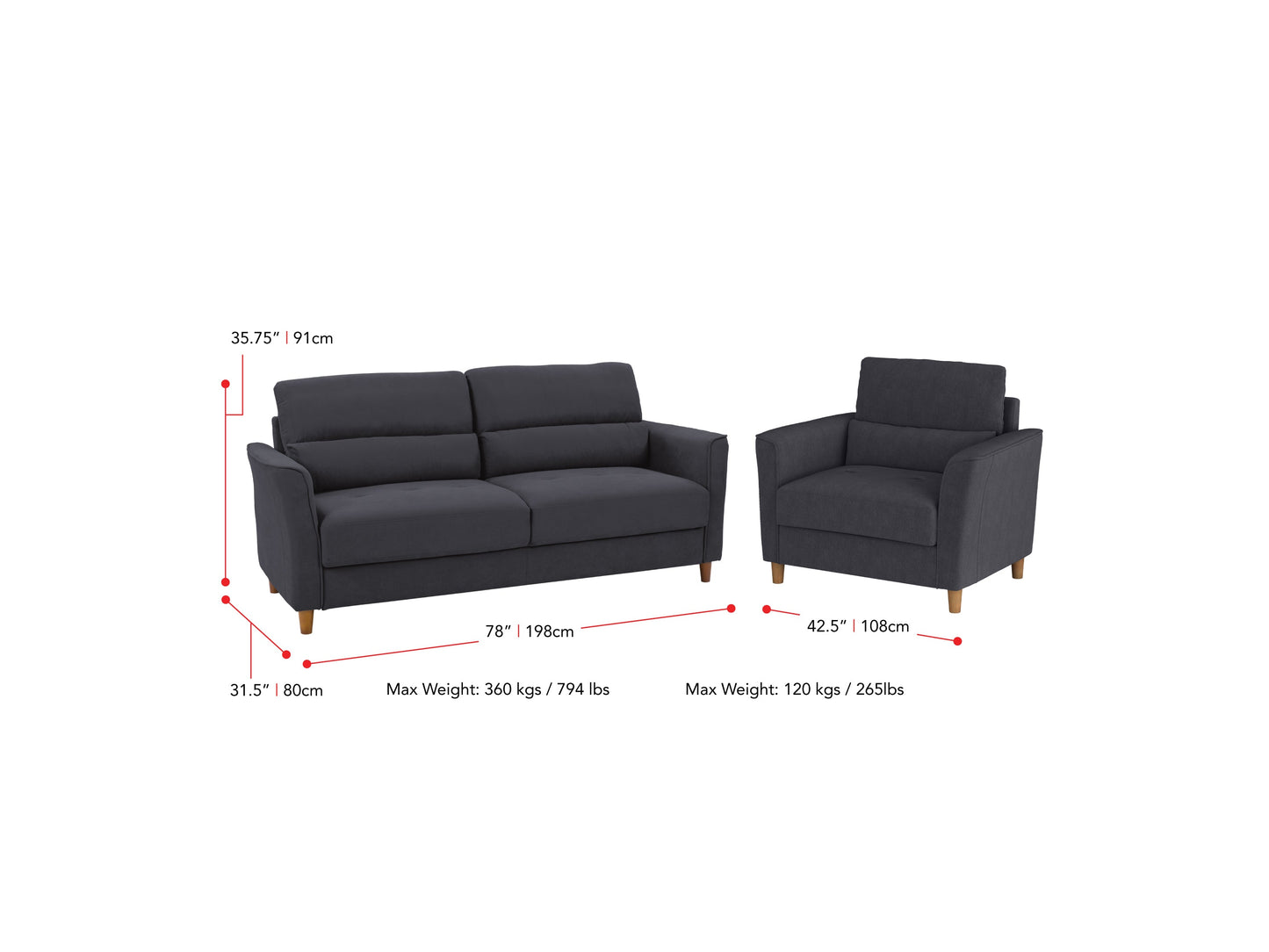 Dark grey 3-seat sofa and chair set with tufted cushions and wooden legs, modern and minimalist design.