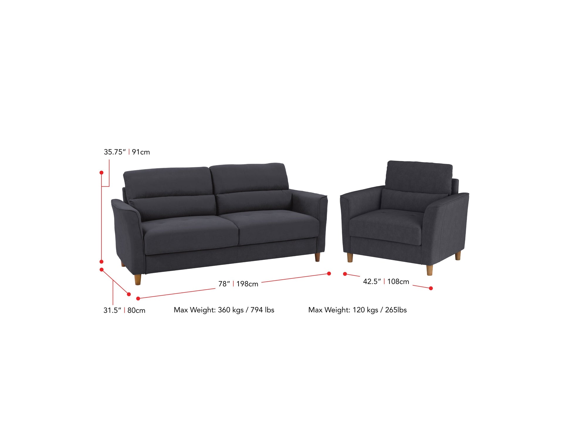 Dark grey 3-seat sofa and chair set with tufted cushions and wooden legs, modern and minimalist design.