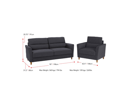 Dark grey 3-seat sofa and chair set with tufted cushions and wooden legs, modern and minimalist design.