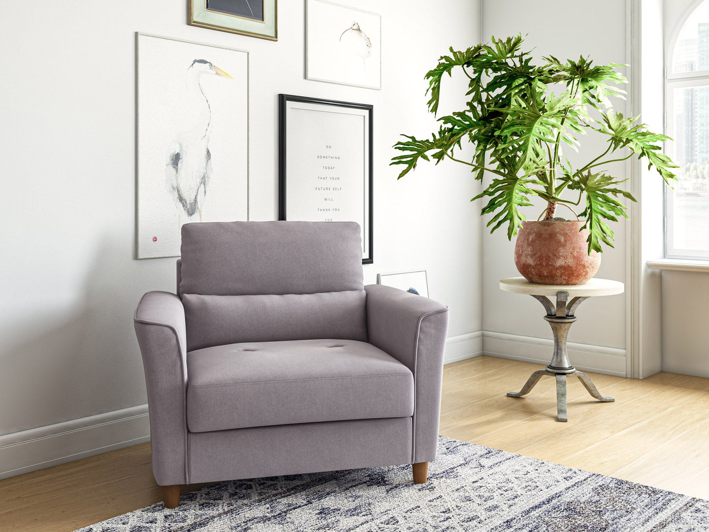 Modern gray armchair with plush cushions, wide armrests, and sleek wooden legs, perfect for living room comfort and contemporary home decor.