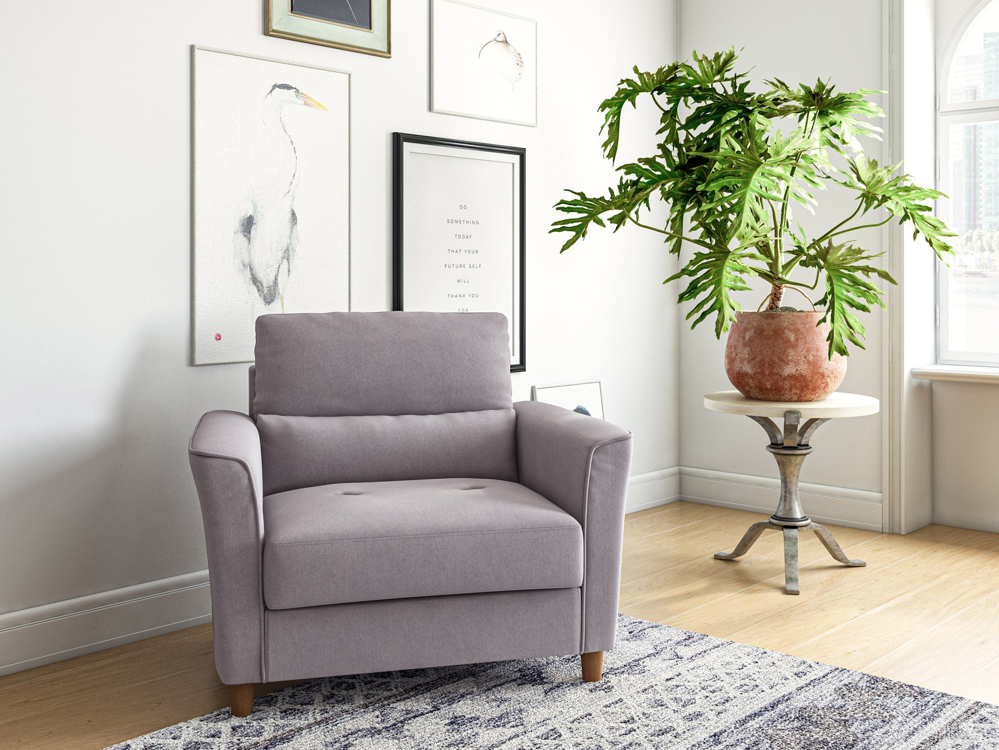 Modern gray armchair with plush cushions, wide armrests, and sleek wooden legs, perfect for living room comfort and contemporary home decor.