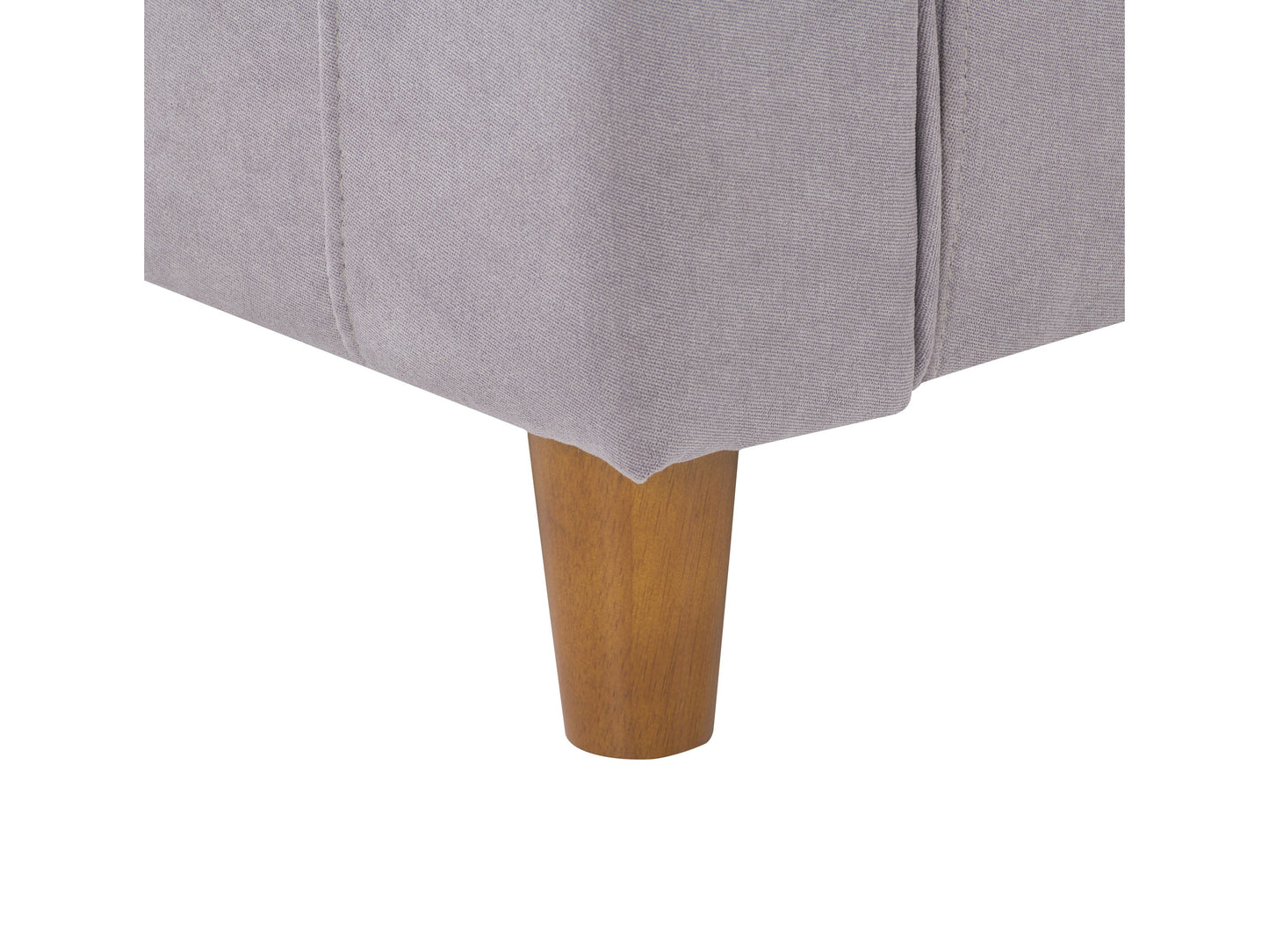 Modern gray fabric loveseat with wooden legs, tufted backrest, and plush cushions. Ideal for contemporary living rooms, offering comfort and style.