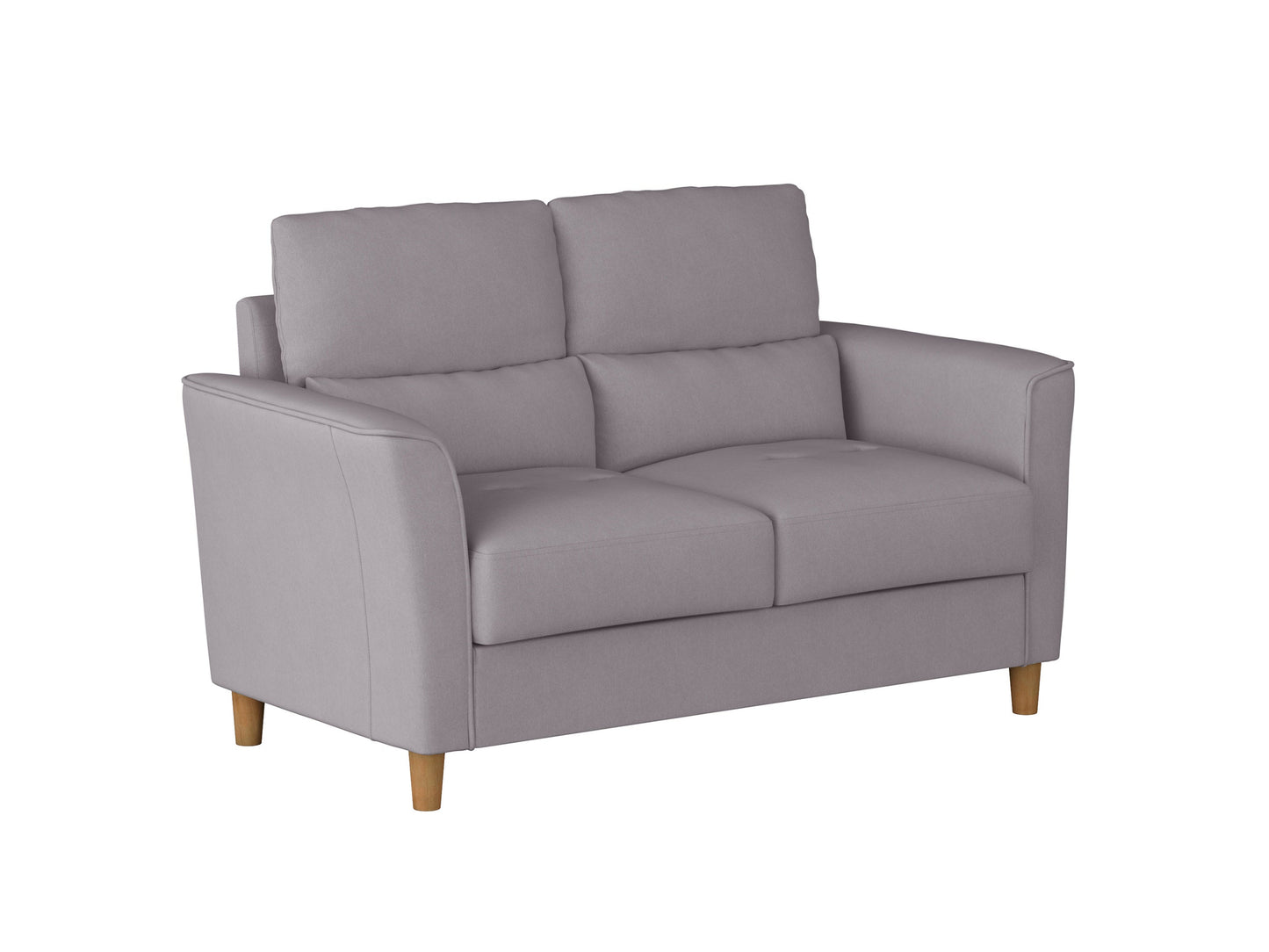Modern gray loveseat with tufted backrest, plush cushions, and sleek wooden legs. Ideal for small living spaces, this stylish piece features durable fabric upholstery and a minimalist design perfect for contemporary decor.
